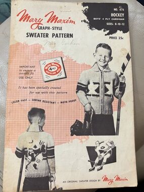 Vintage 1956 Mary Maxim No 474 Hockey Graph Style Sweater Knitting Pattern Boys
